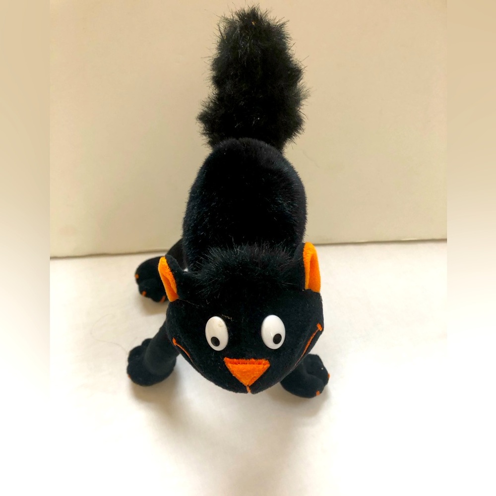 Black Cat Posable Weighted Feet Furry Tail Plush Decor Orange Nose